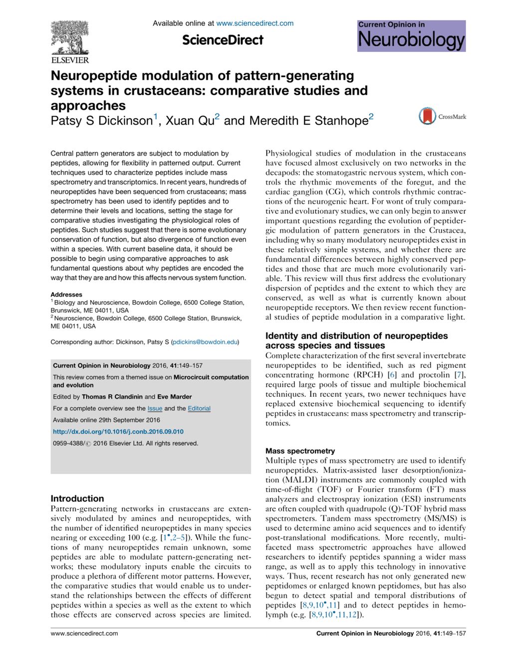 Miniature of Neuropeptide modulation of pattern-generating systems in crustaceans: comparative studies and approaches