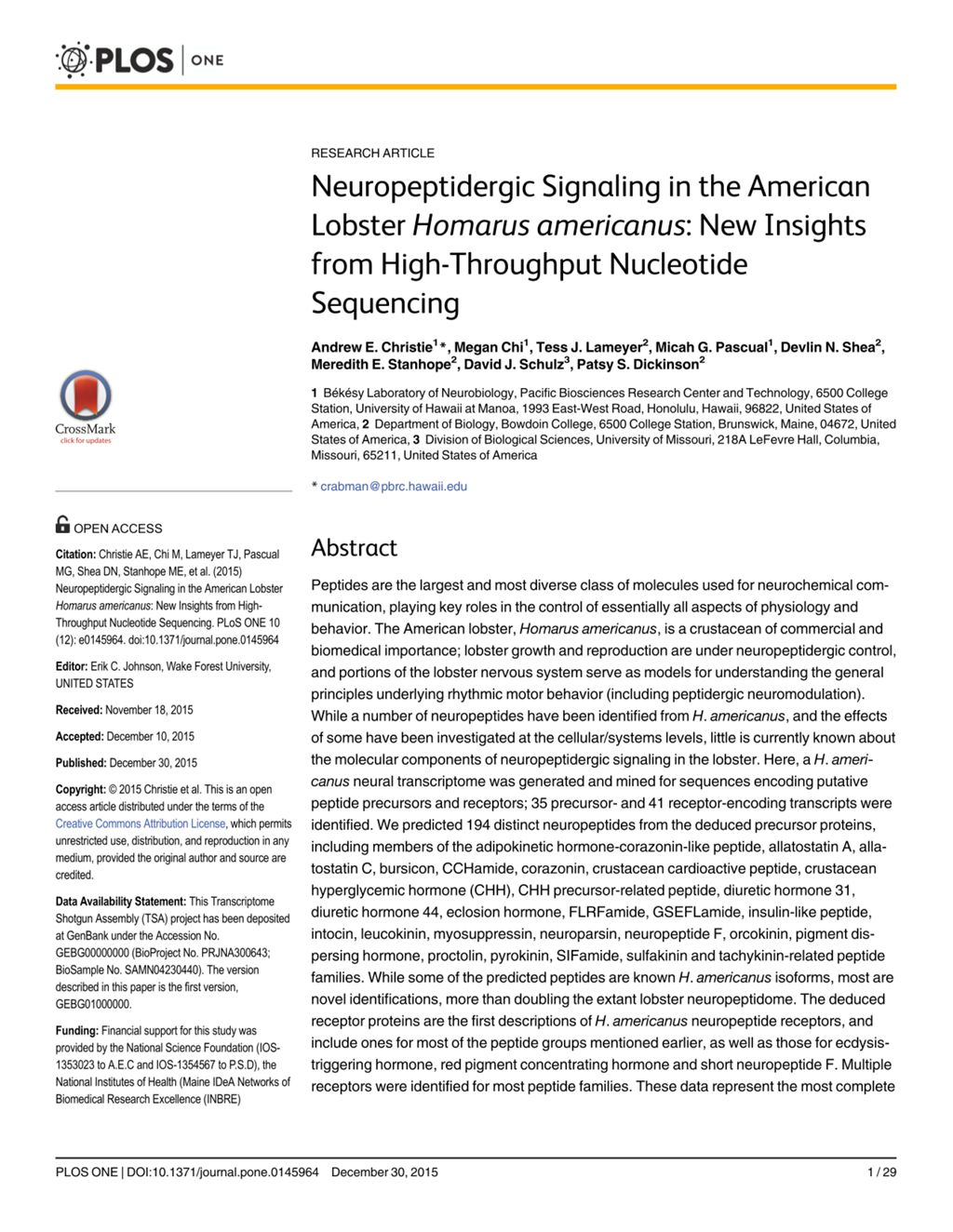 Miniature of Neuropeptidergic signaling in the American Lobster Homarus Americanus: New insights from high-throughput nucleotide sequencing