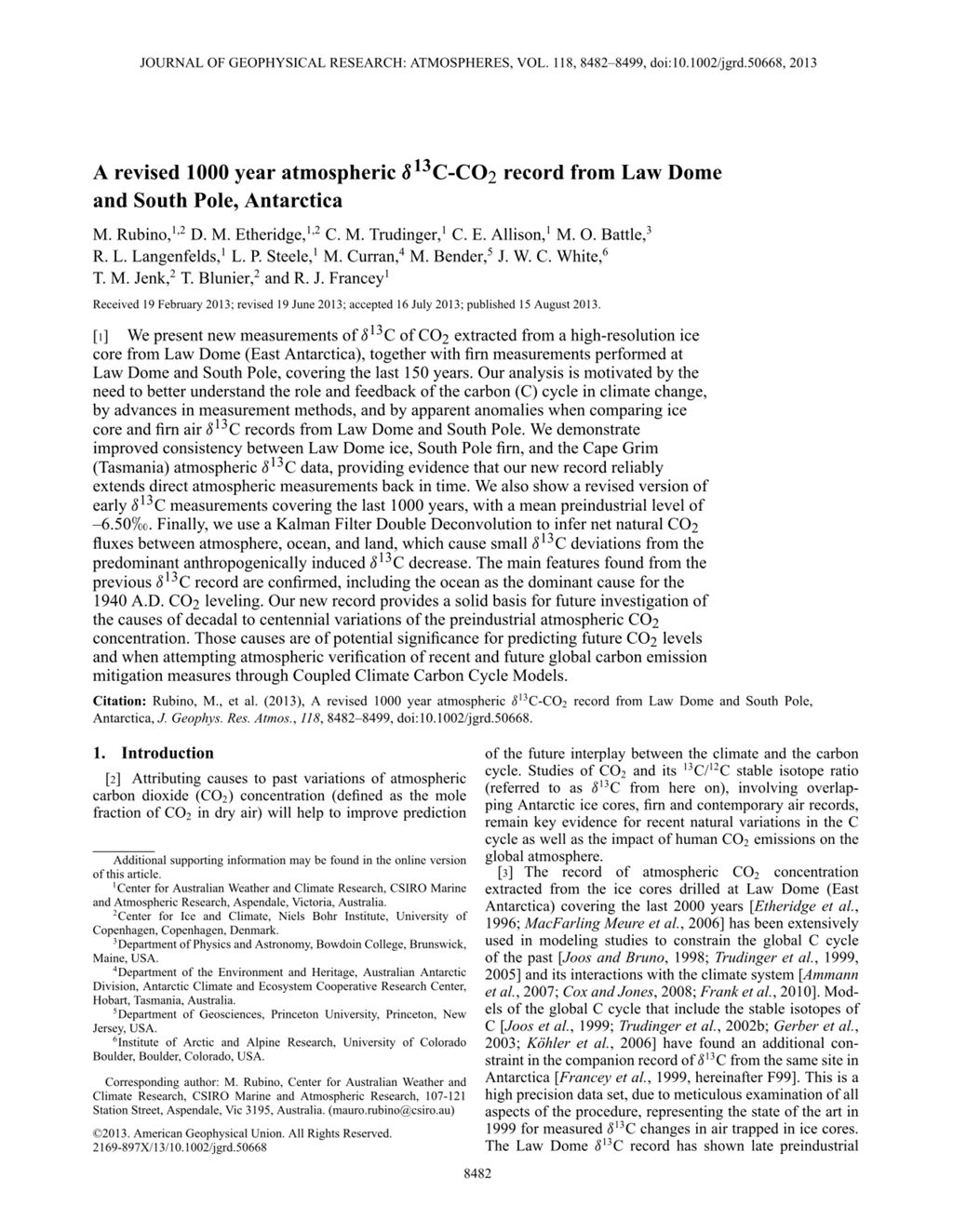 Miniature of A revised 1000 year atmospheric δ<sup>13</sup> C-CO2 record from Law Dome and South Pole, Antarctica