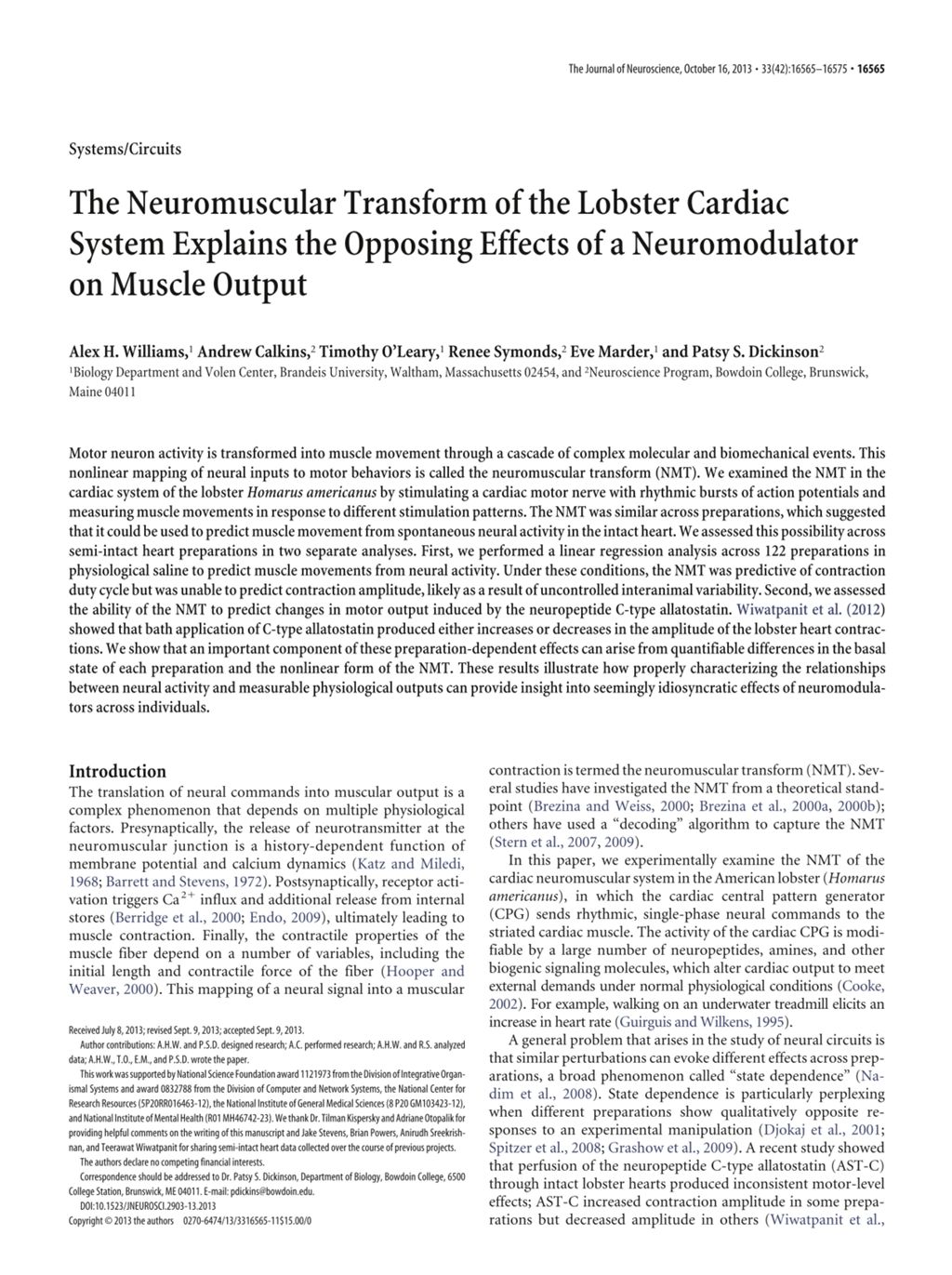 Miniature of The neuromuscular transform of the lobster cardiac system explains the opposing effects of a neuromodulator on muscle output