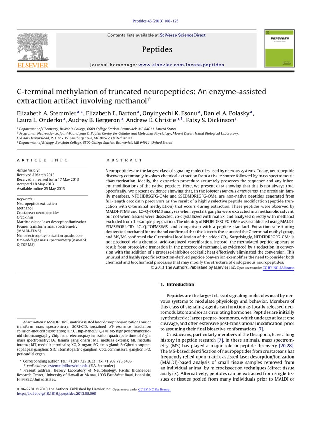 Miniature of C-terminal methylation of truncated neuropeptides: An enzyme- assistedextraction artifact involving methanol