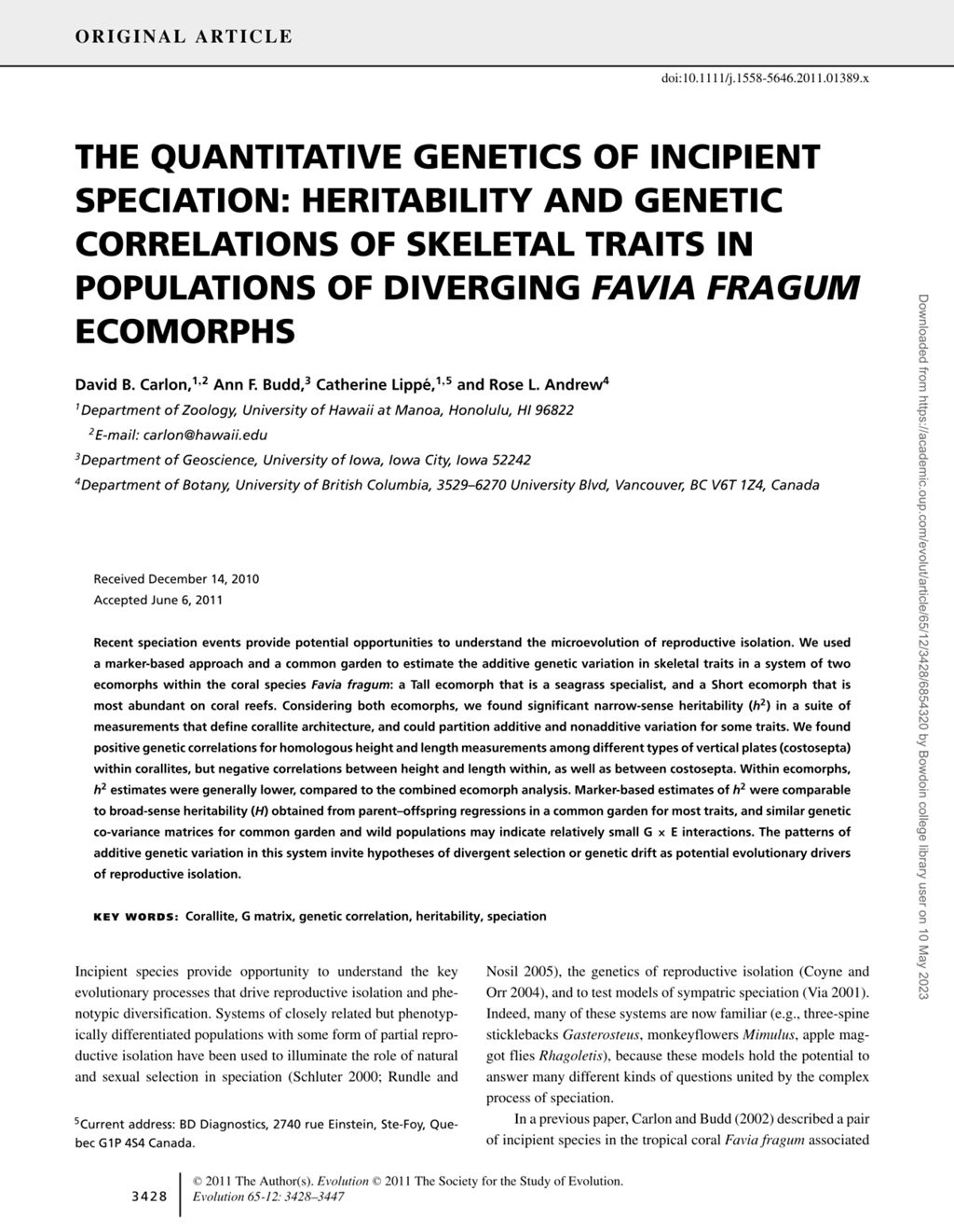 Miniature of The quantitative genetics of incipient speciation: Heritability and genetic correlations of skeletal traits in populations of diverging favia fragum ecomorphs