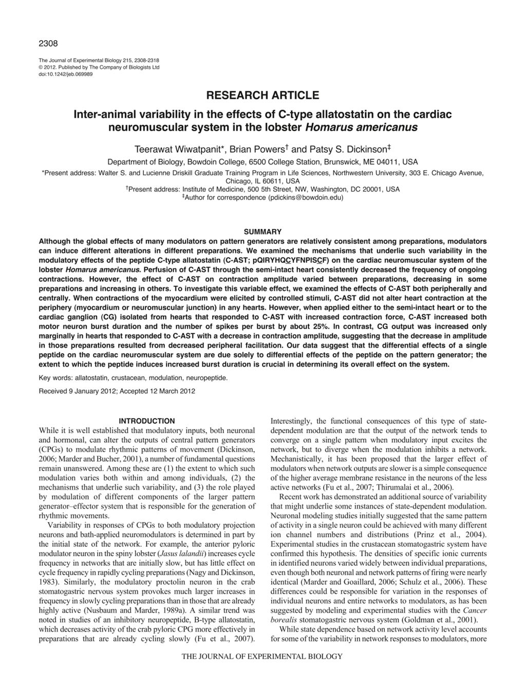 Miniature of Inter-animal variability in the effects of C-type allatostatin on the cardiac neuromuscular system in the lobster Homarus americanus