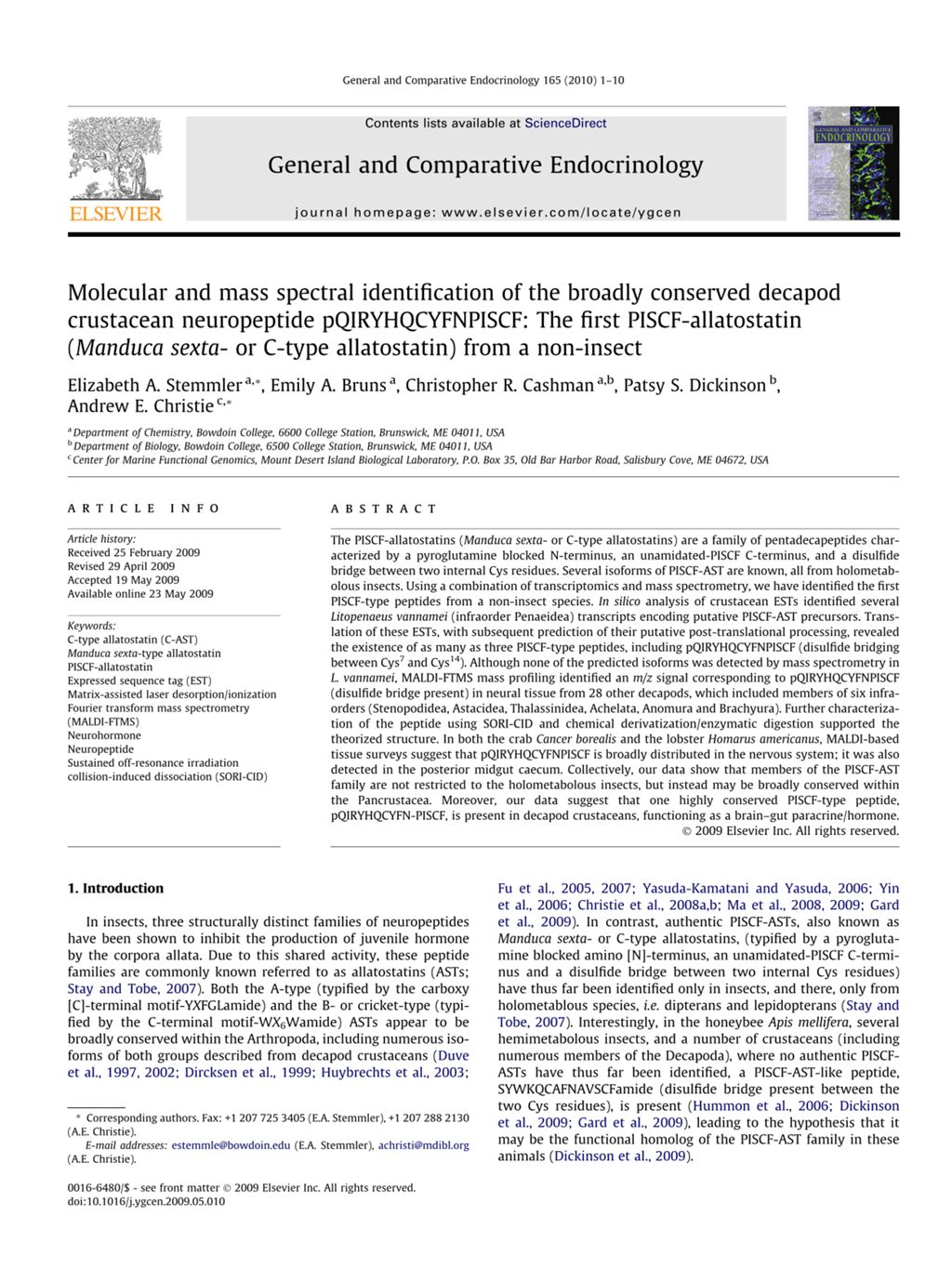 Miniature of Molecular and mass spectral identification of the broadly conserved decapod crustacean neuropeptide pQIRYHQCYFNPISCF: The first PISCF-allatostatin (Manduca sexta- or C-type allatostatin) from a non-insect