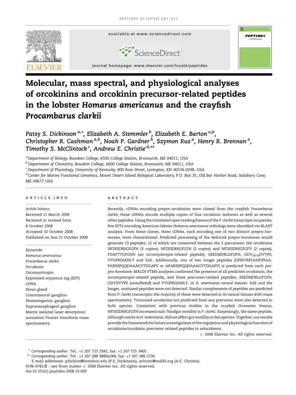 Miniature of Molecular, mass spectral, and physiological analyses of orcokinins and orcokinin precursor-related peptides in the lobster Homarus americanus and the crayfish Procambarus clarkii