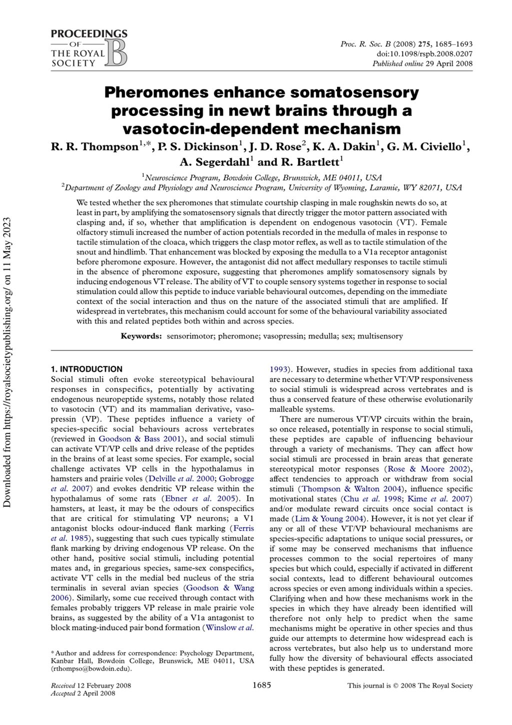 Miniature of Pheromones enhance somatosensory processing in newt brains through a vasotocin-dependent mechanism