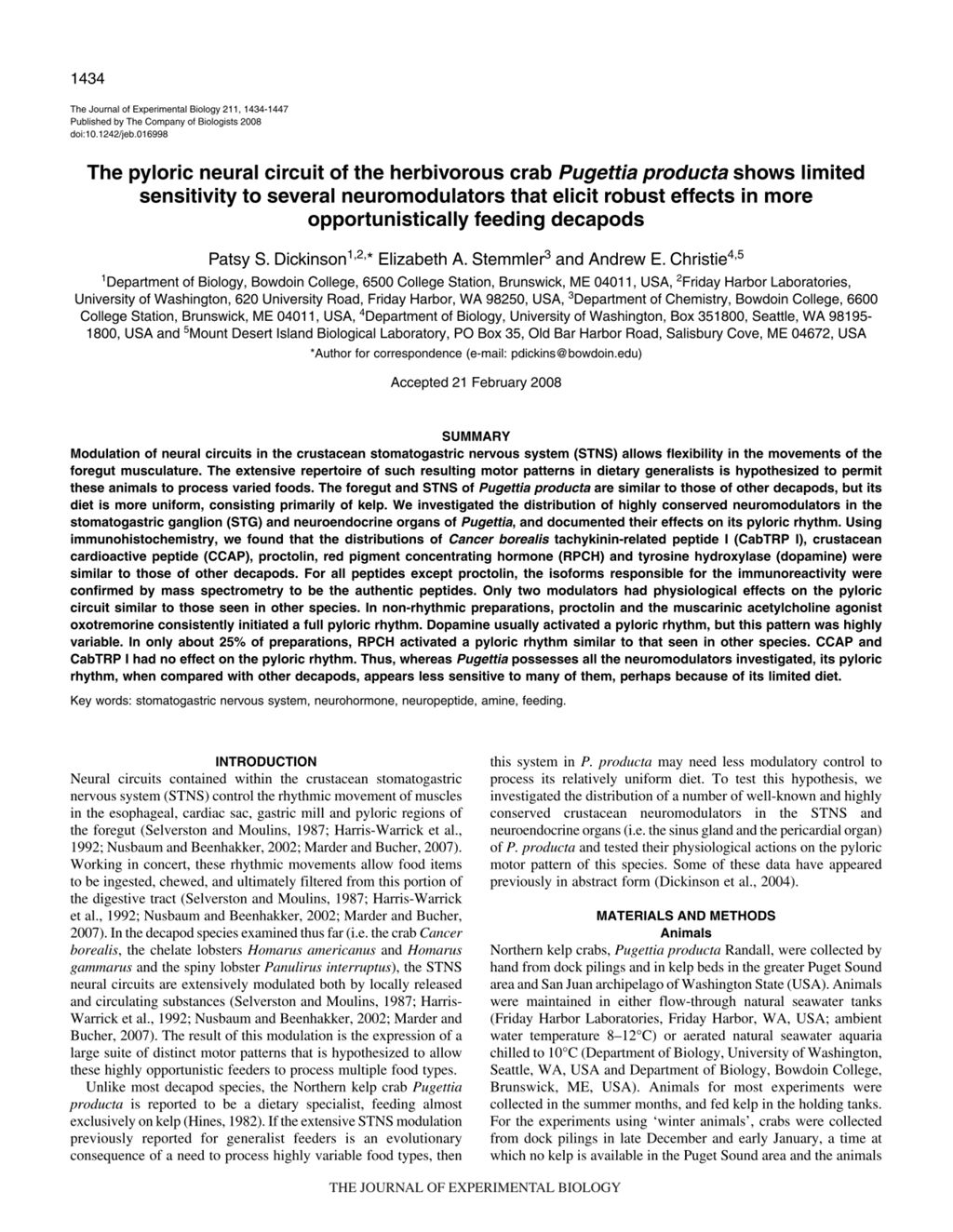 Miniature of The pyloric neural circuit of the herbivorous crab Pugettia producta shows limited sensitivity to several neuromodulators that elicit robust effects in more opportunistically feeding decapods