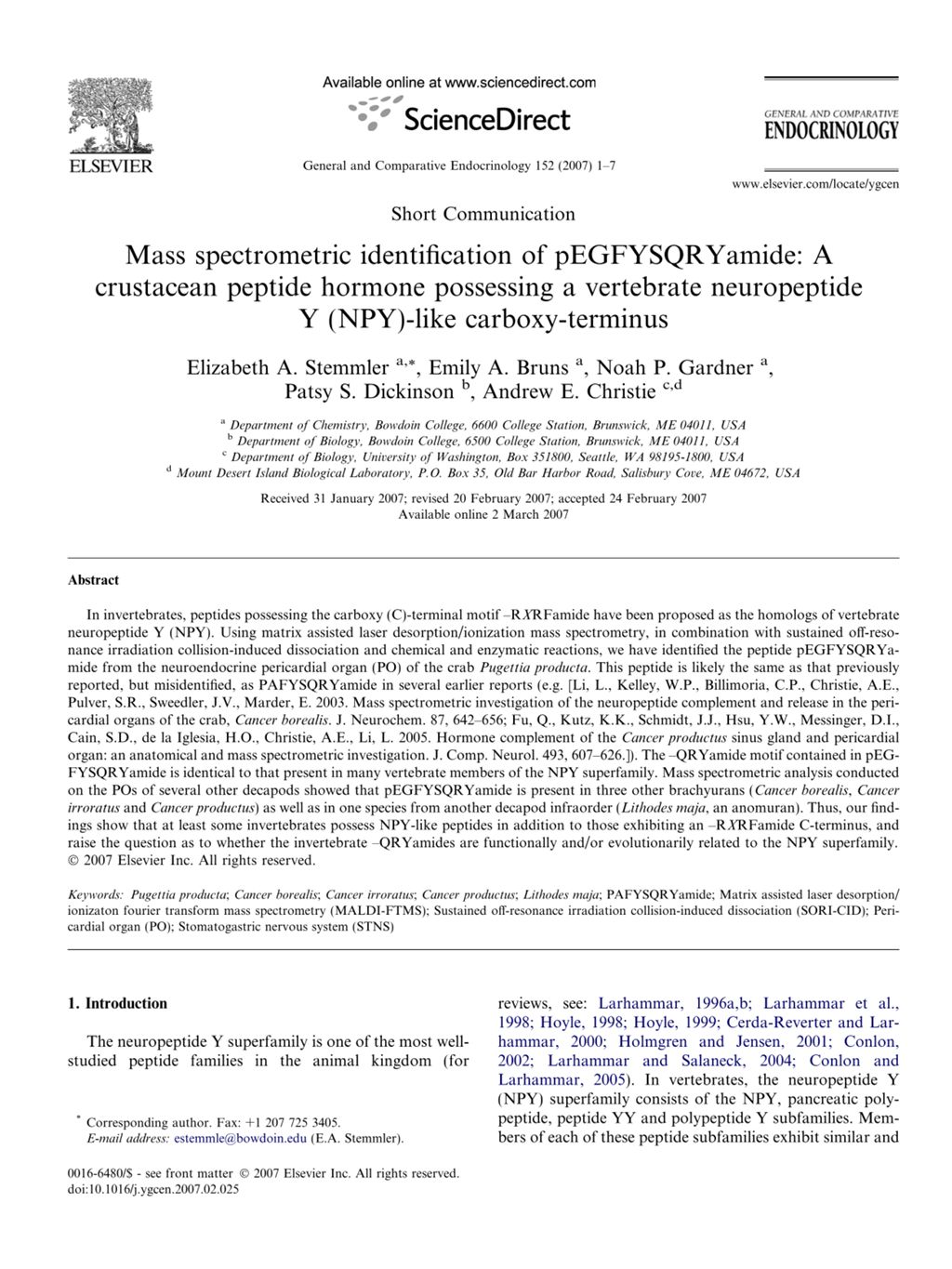 Miniature of Mass spectrometric identification of pEGFYSQRYamide: A crustacean peptide hormone possessing a vertebrate neuropeptide Y (NPY)-like carboxy-terminus