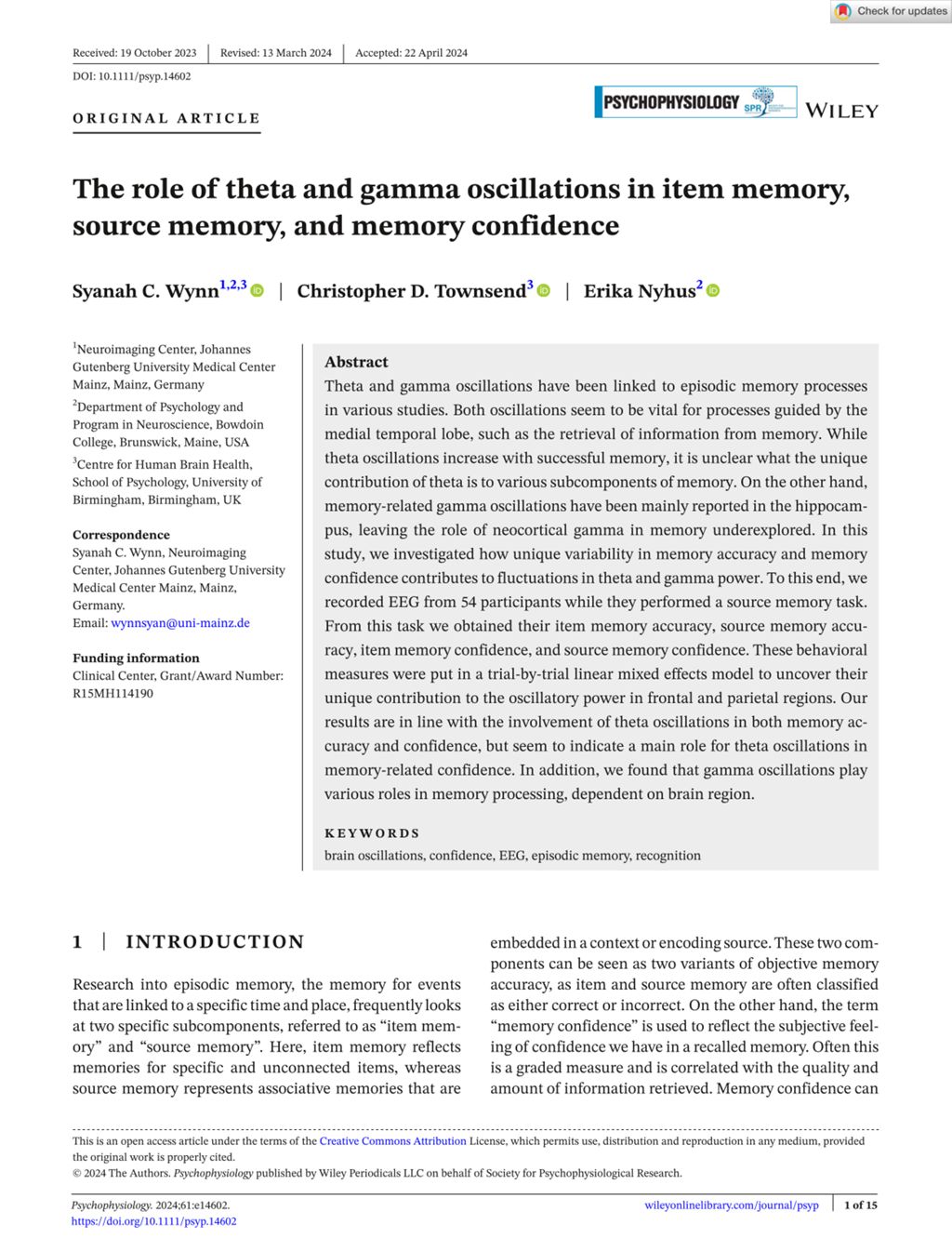 Miniature of Psychophysiology - 2024 - Wynn - The role of theta and gamma oscillations in item memory  source memory  and memory