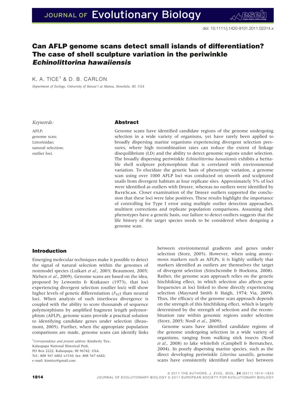 Miniature of Can AFLP genome scans detect small islands of differentiation? The case of shell sculpture variation in the periwinkle Echinolittorina hawaiiensis