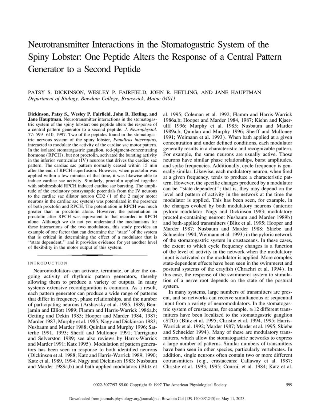 Miniature of Neurotransmitter interactions in the stomatogastric system of the spiny lobster: One peptide alters the response of a central pattern generator to a second peptide