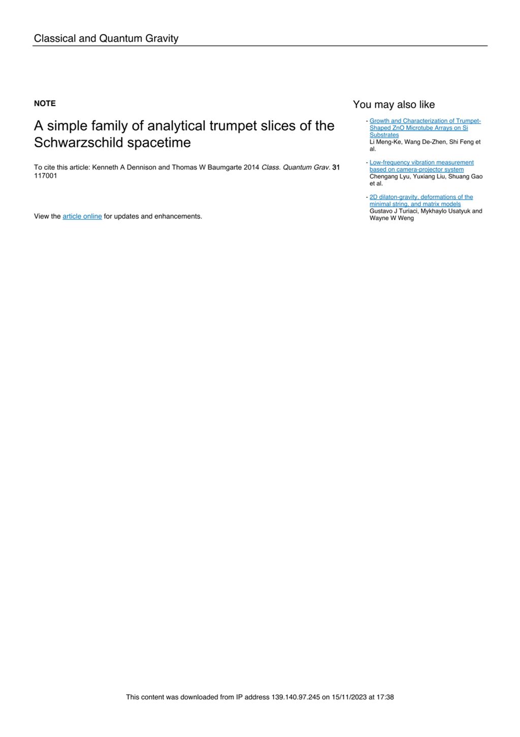 Miniature of A simple family of analytical trumpet slices of the Schwarzschild spacetime