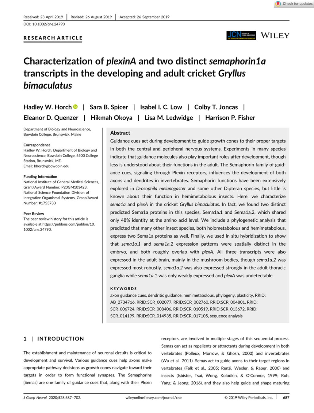 Miniature of Characterization of plexinA and two distinct semaphorin1a transcripts in the developing and adult cricket Gryllus bimaculatus