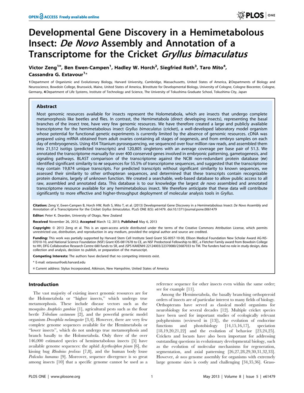 Miniature of Developmental Gene Discovery in a Hemimetabolous Insect: De Novo Assembly and Annotation of a Transcriptome for the Cricket Gryllus bimaculatus