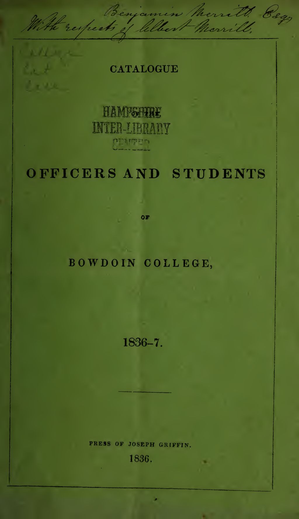 Miniature of Bowdoin College Catalogue (1836-1837)