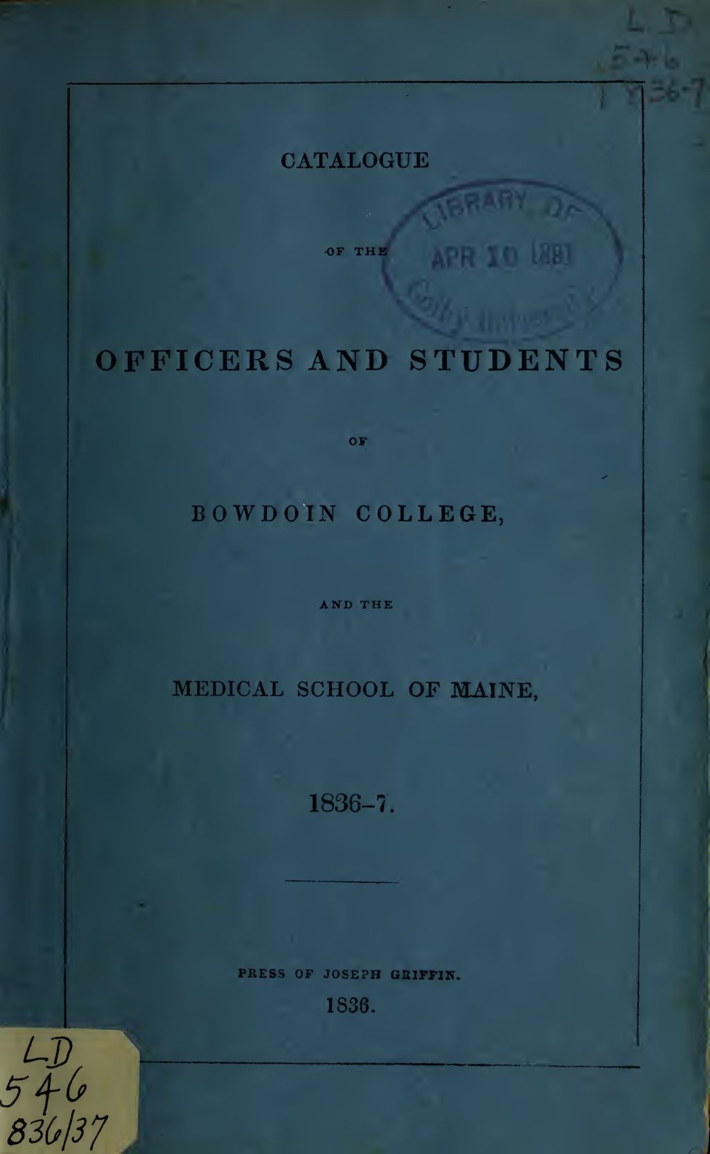 Miniature of Bowdoin College Catalogue (1836 Apr)