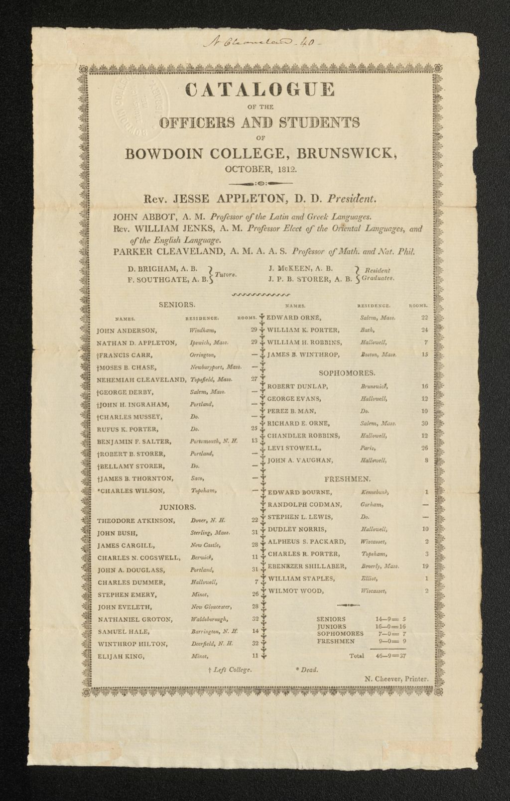 Miniature of Bowdoin College Catalogue (1812)