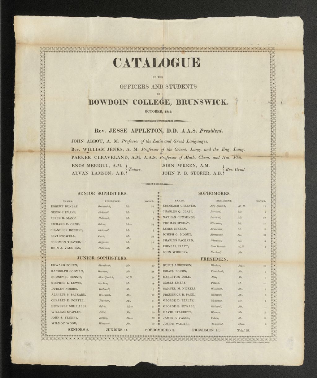 Miniature of Bowdoin College Catalogue (1814)