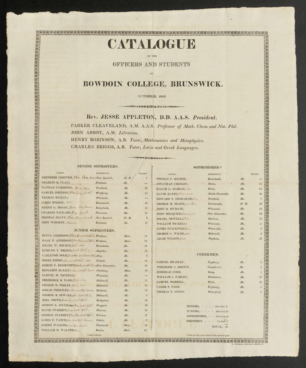 Miniature of Bowdoin College Catalogue (1816)