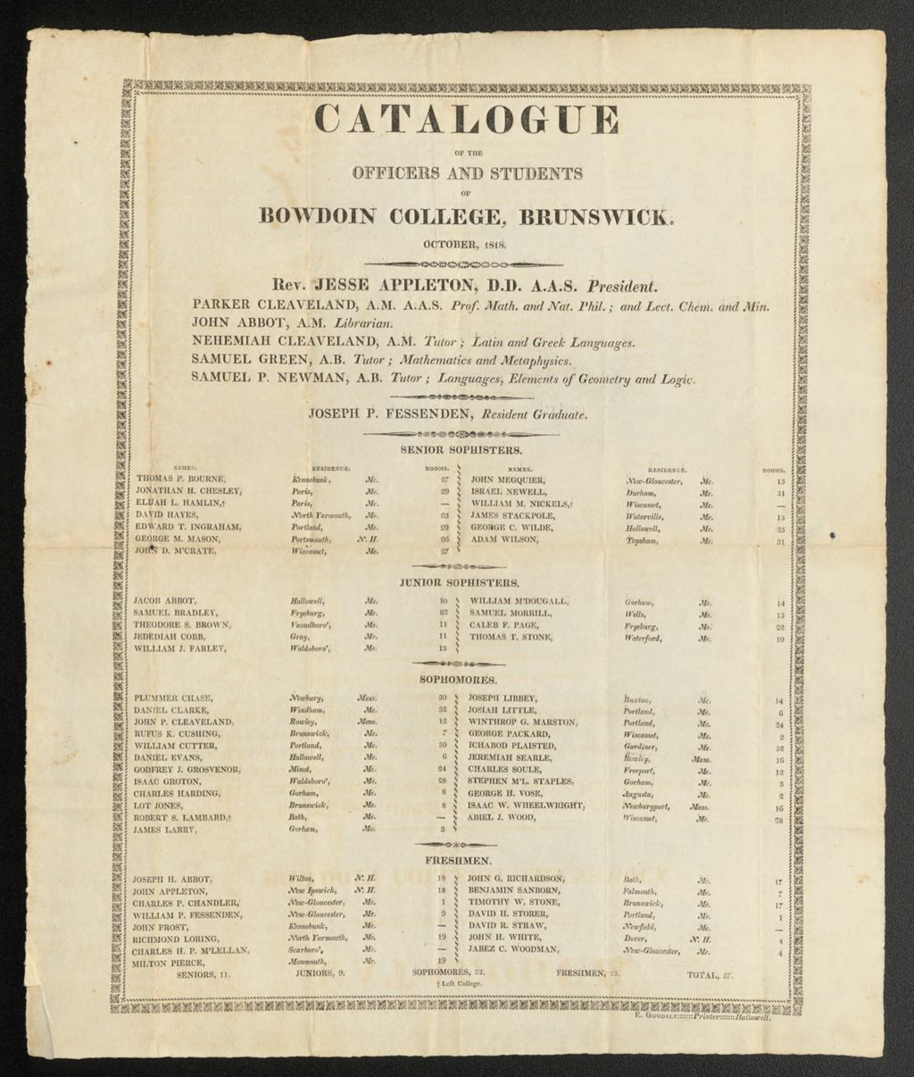 Miniature of Bowdoin College Catalogue (1818)