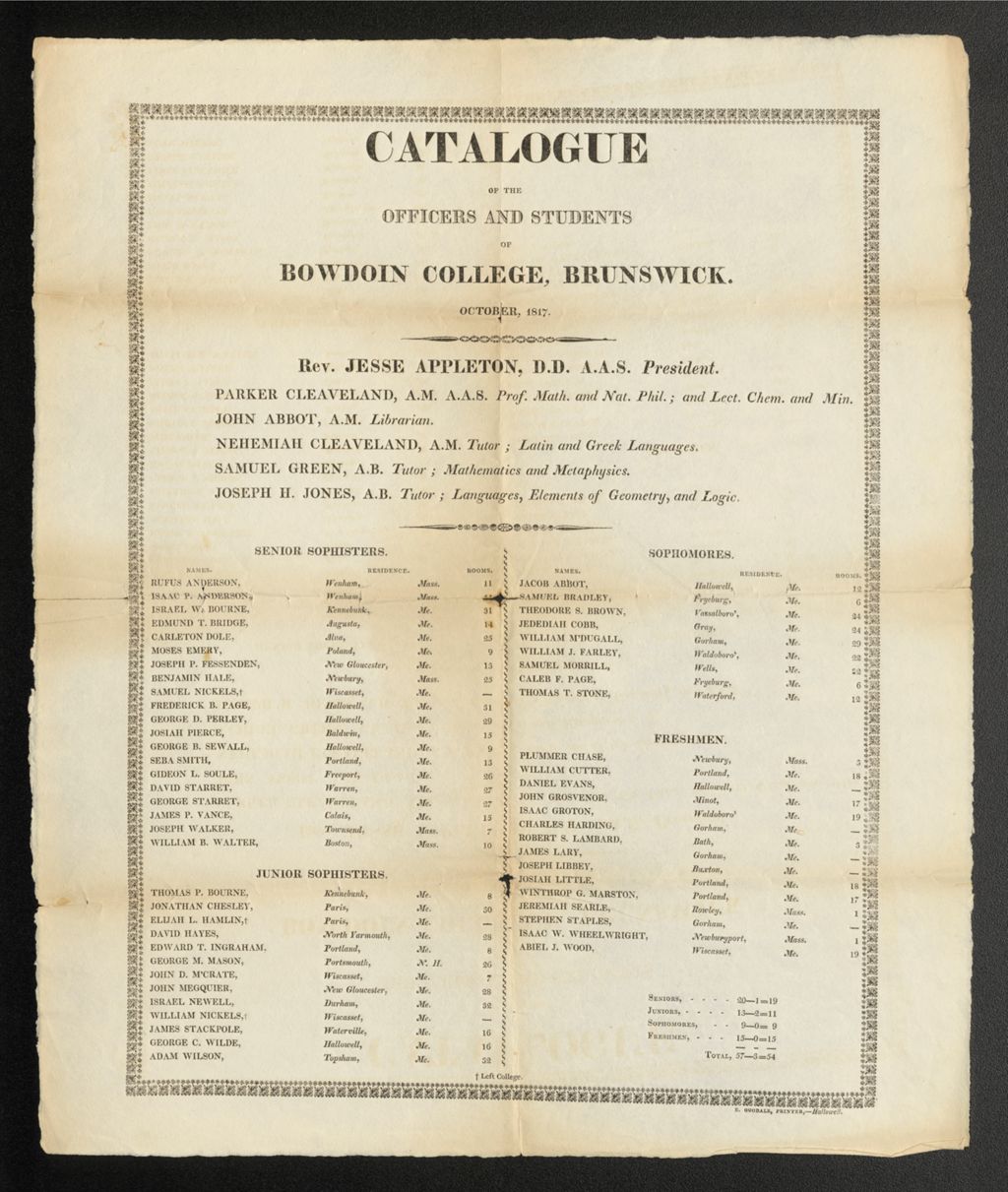 Miniature of Bowdoin College Catalogue (1817)