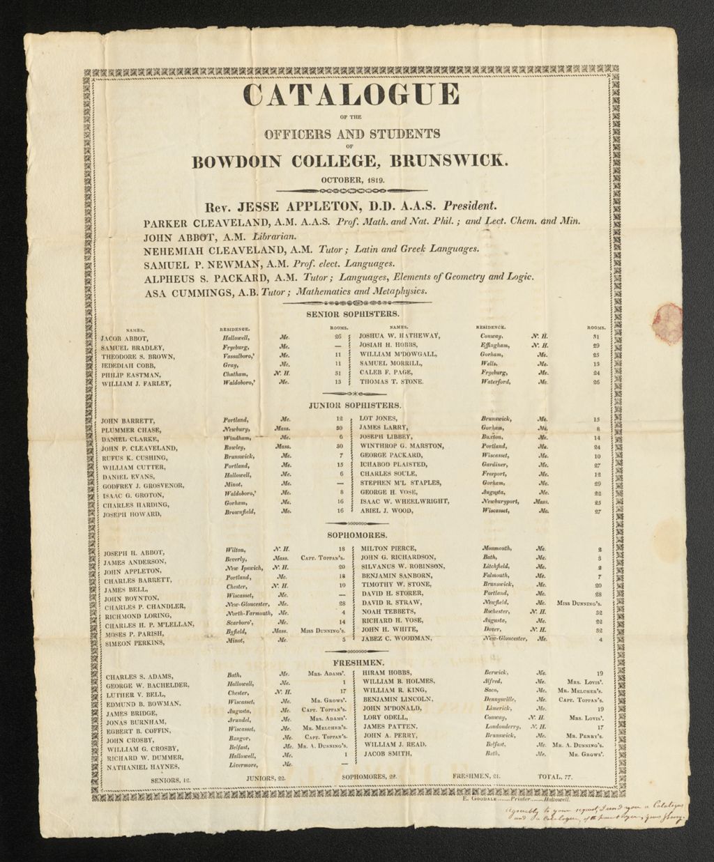 Miniature of Bowdoin College Catalogue (1819)