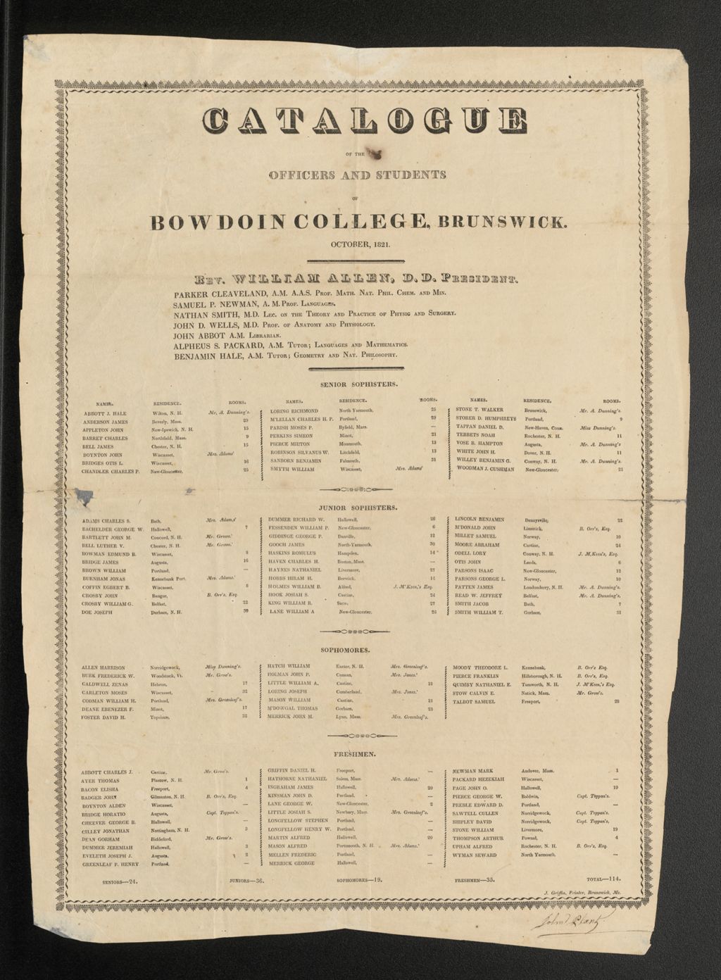 Miniature of Bowdoin College Catalogue (1821)