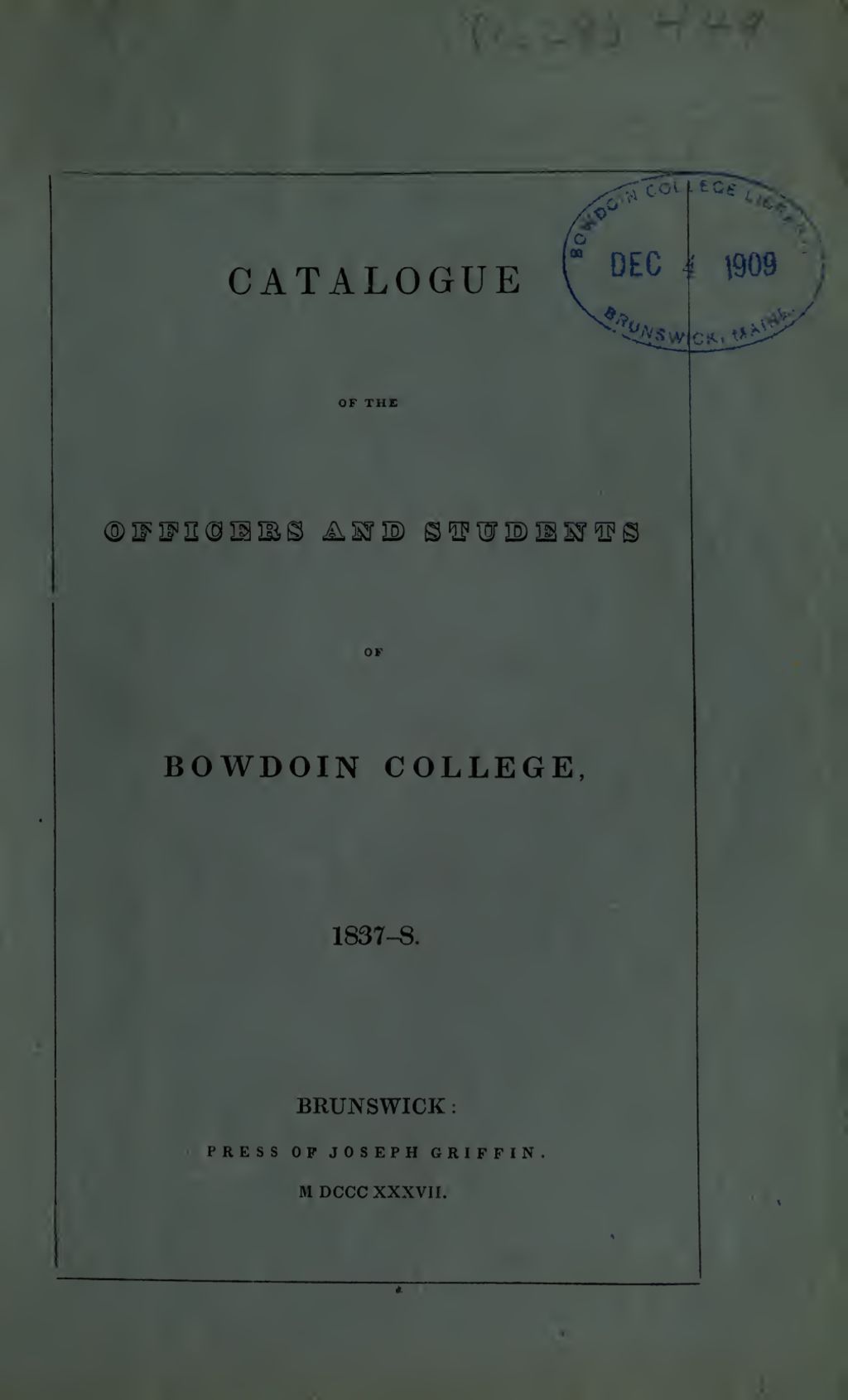 Miniature of Bowdoin College Catalogue (1837-1838)