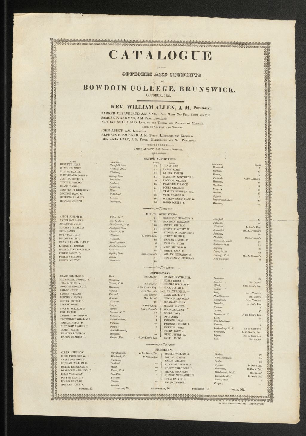 Miniature of Bowdoin College Catalogue (1820)