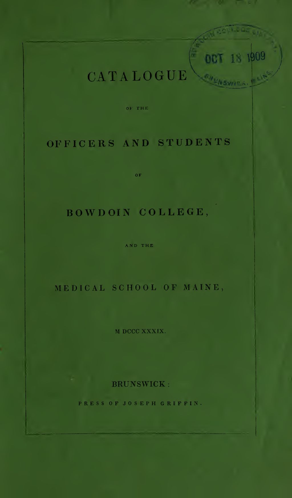 Miniature of Bowdoin College Catalogue (1839)