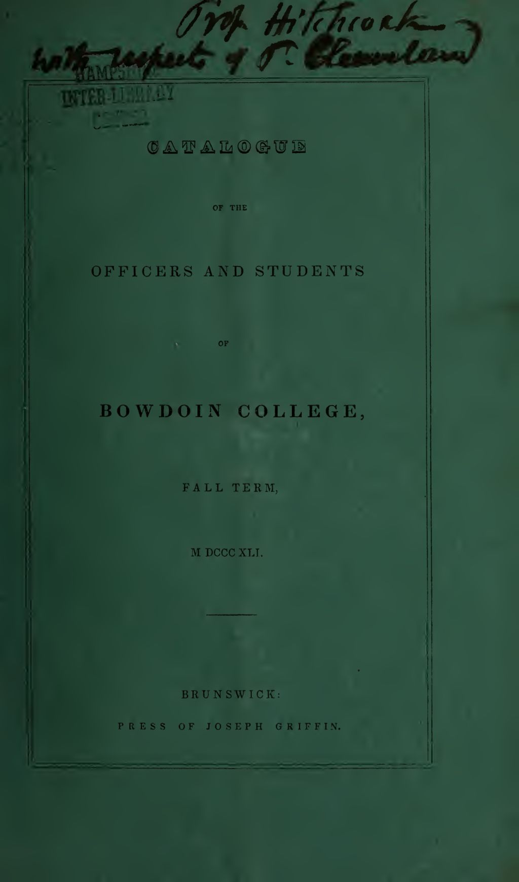 Miniature of Bowdoin College Catalogue (1841 Fall Term)