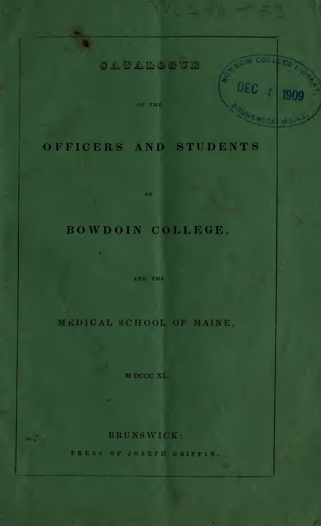 Miniature of Bowdoin College Catalogue (1840)