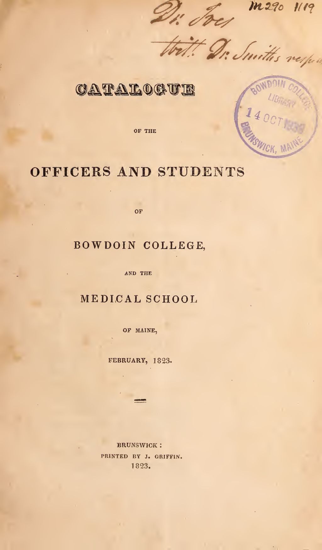 Miniature of Bowdoin College Catalogue (1823 Feb)