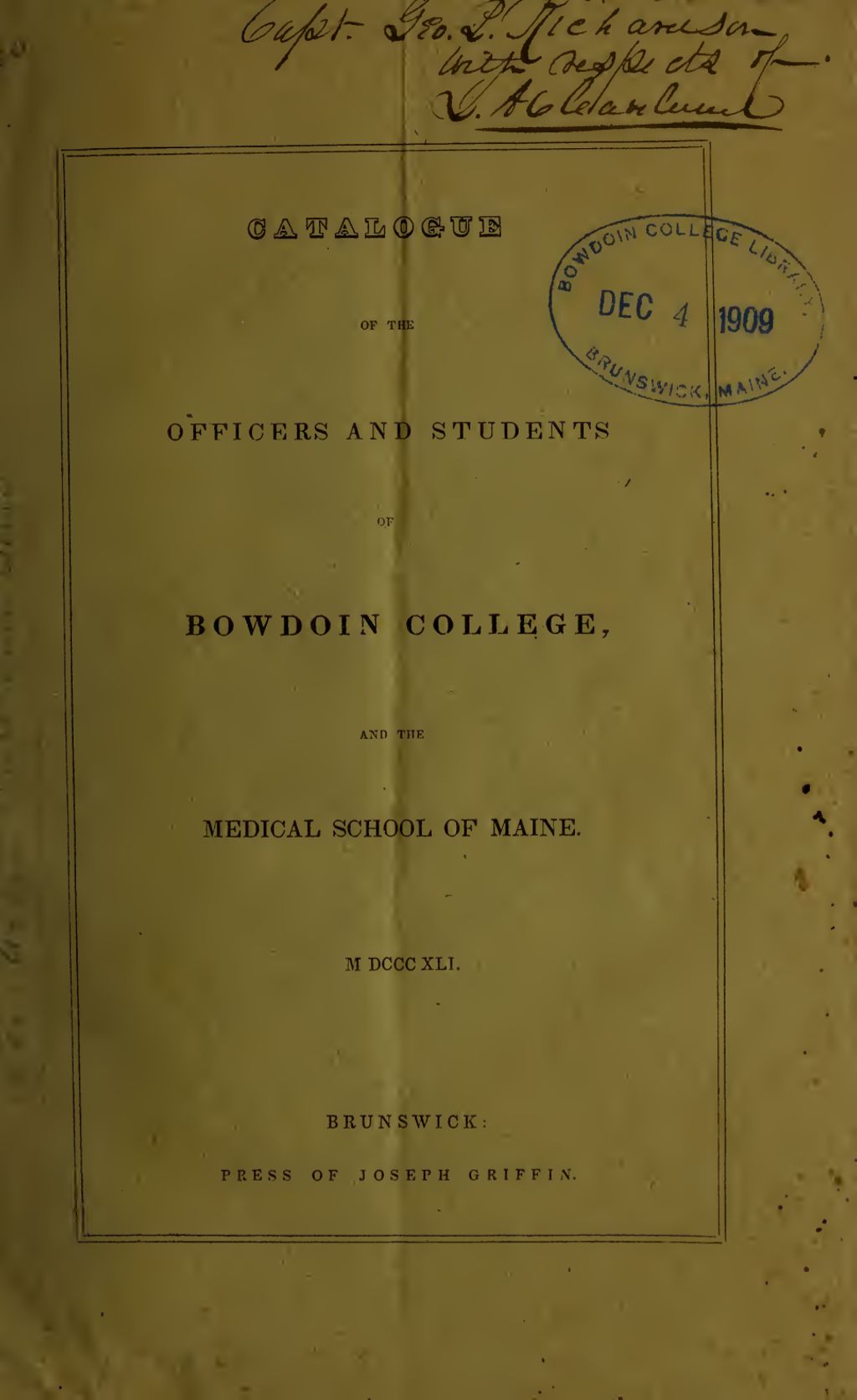 Miniature of Bowdoin College Catalogue (1841)