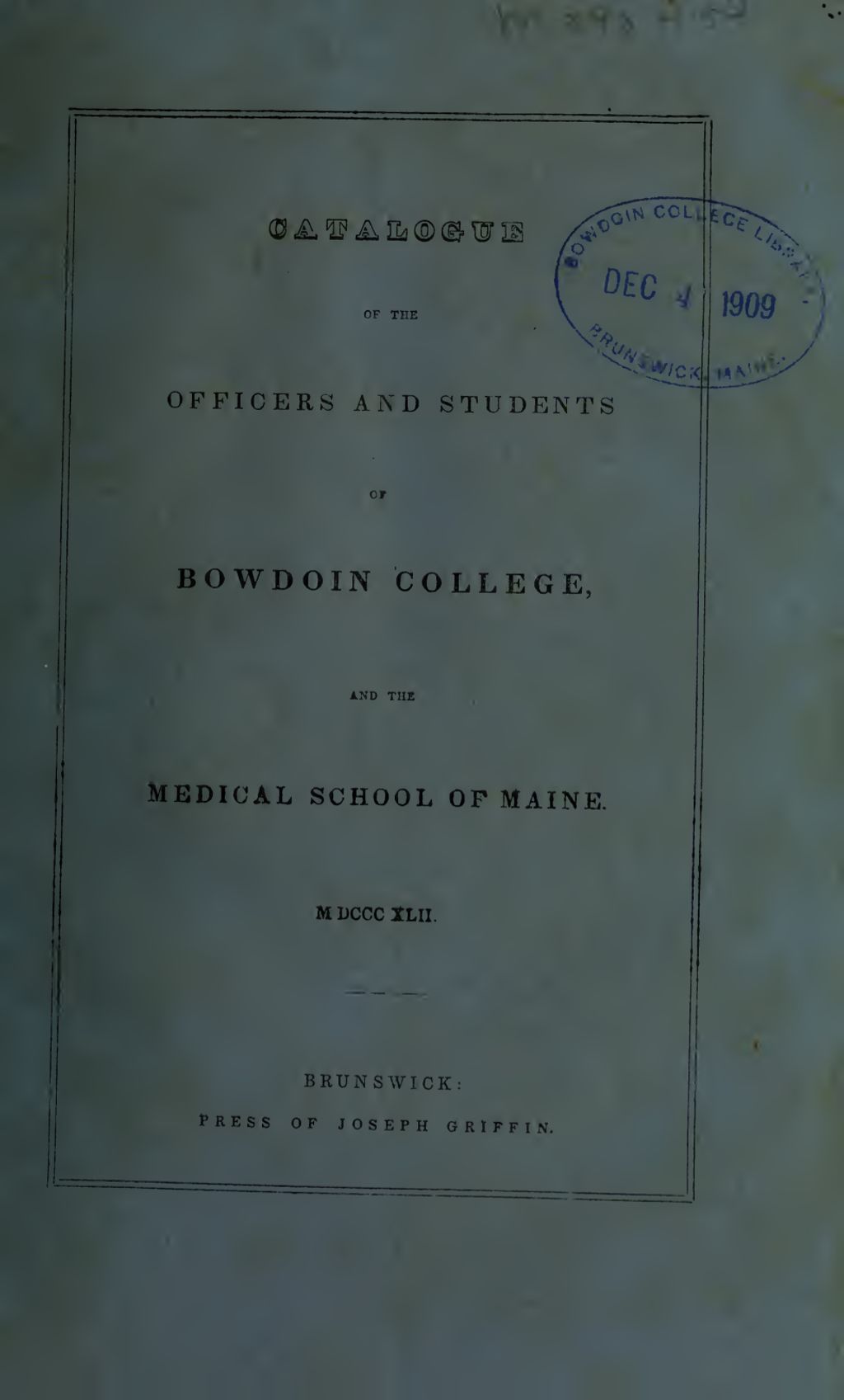 Miniature of Bowdoin College Catalogue (1842)