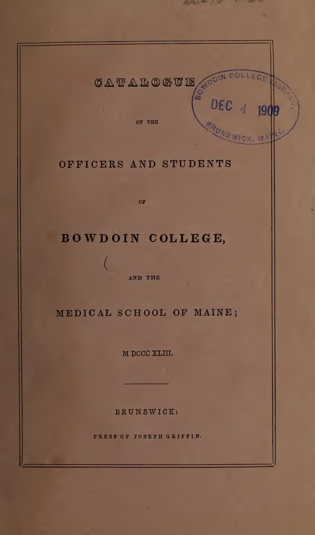 Miniature of Bowdoin College Catalogue (1843)