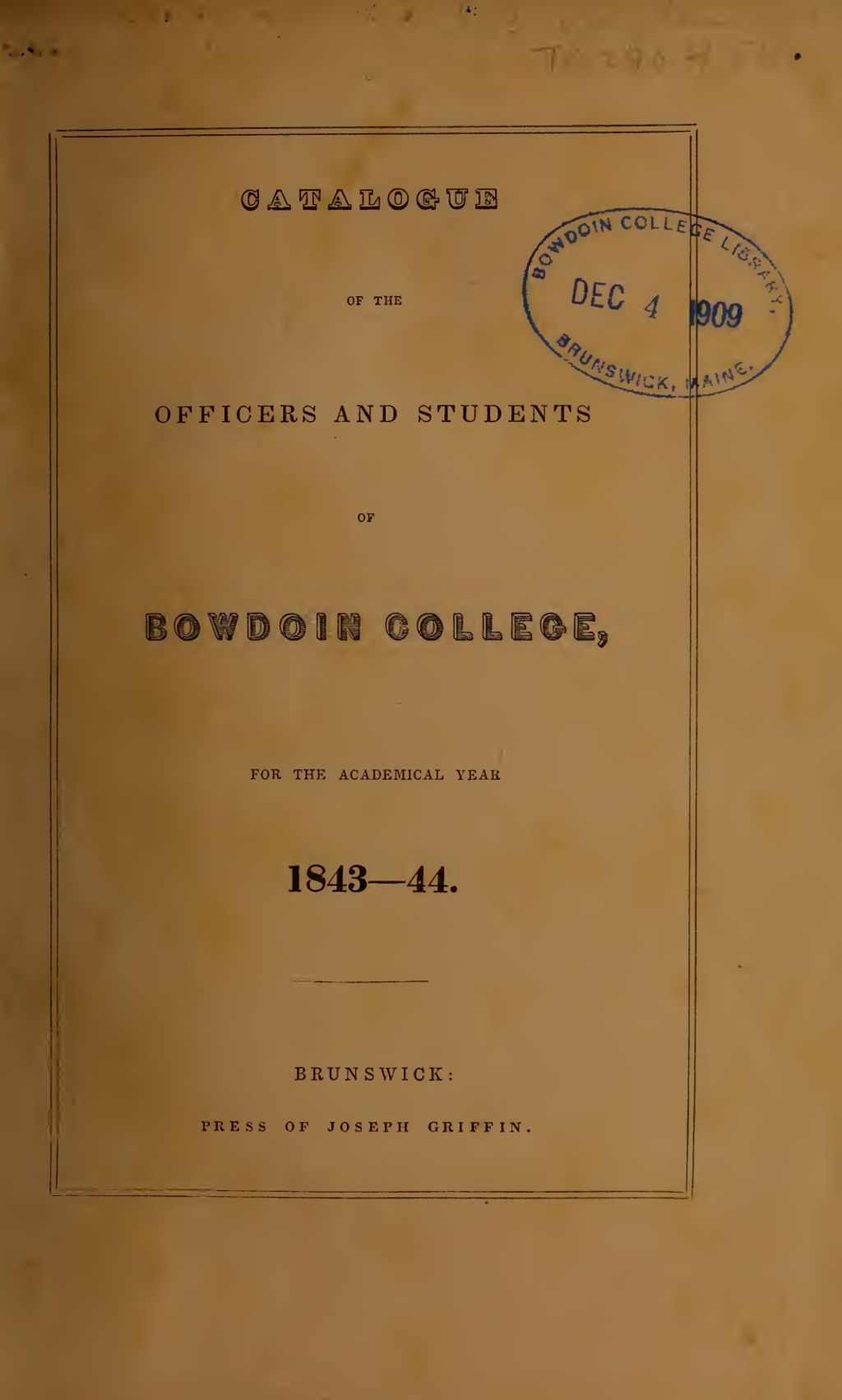 Miniature of Bowdoin College Catalogue (1843-1844)