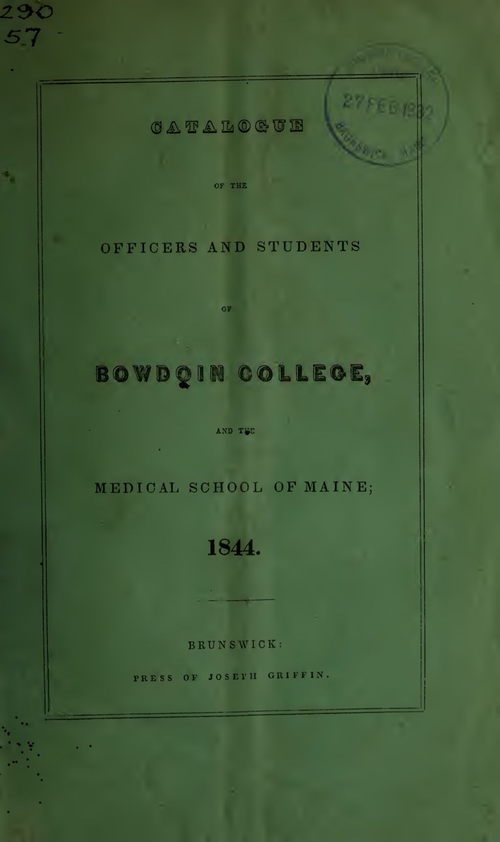 Miniature of Bowdoin College Catalogue (1844)