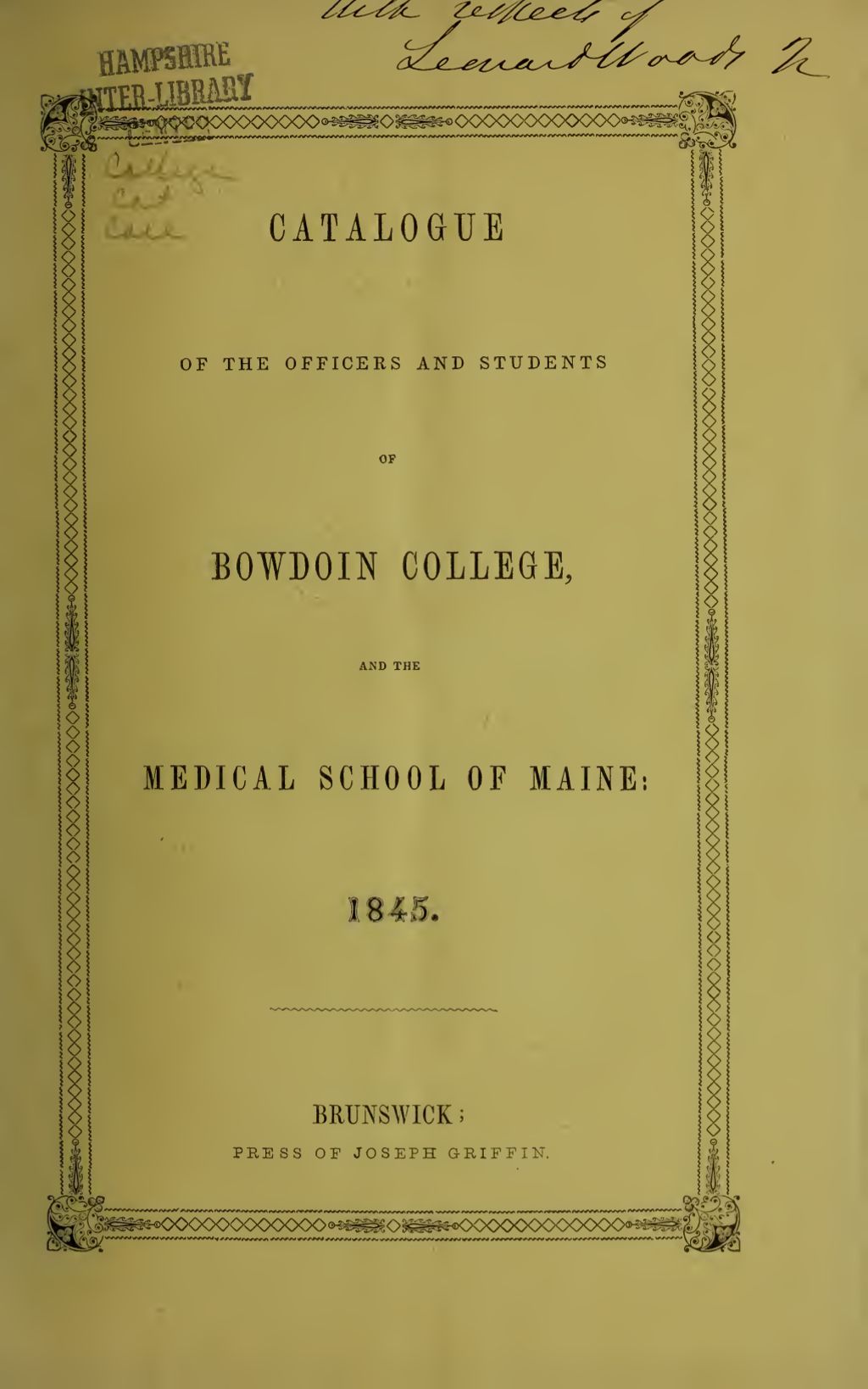 Miniature of Bowdoin College Catalogue (1845)