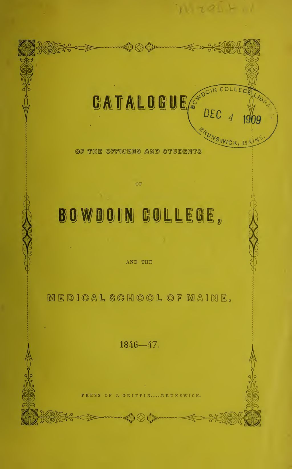 Miniature of Bowdoin College Catalogue (1846-1847)