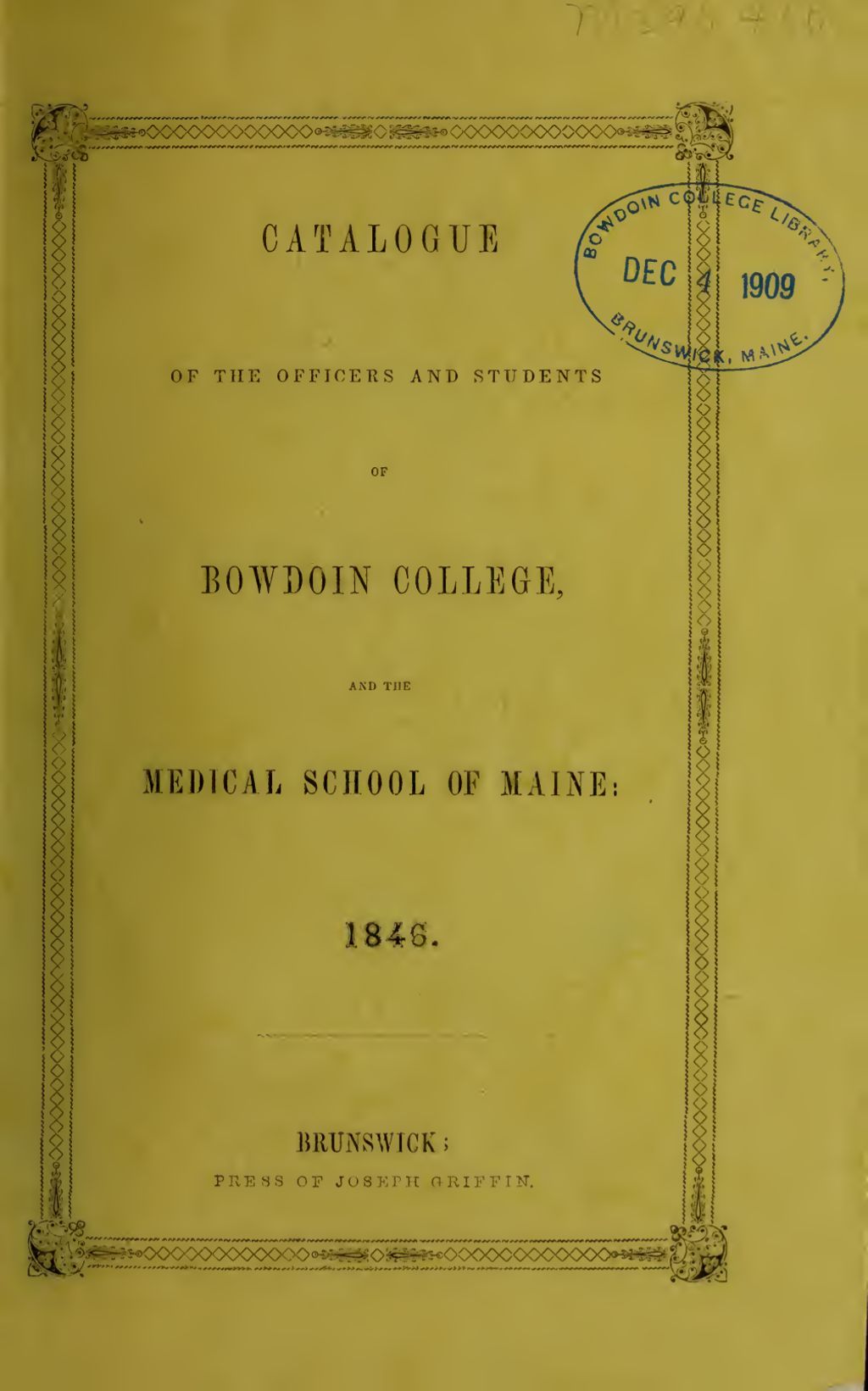 Miniature of Bowdoin College Catalogue (1846)