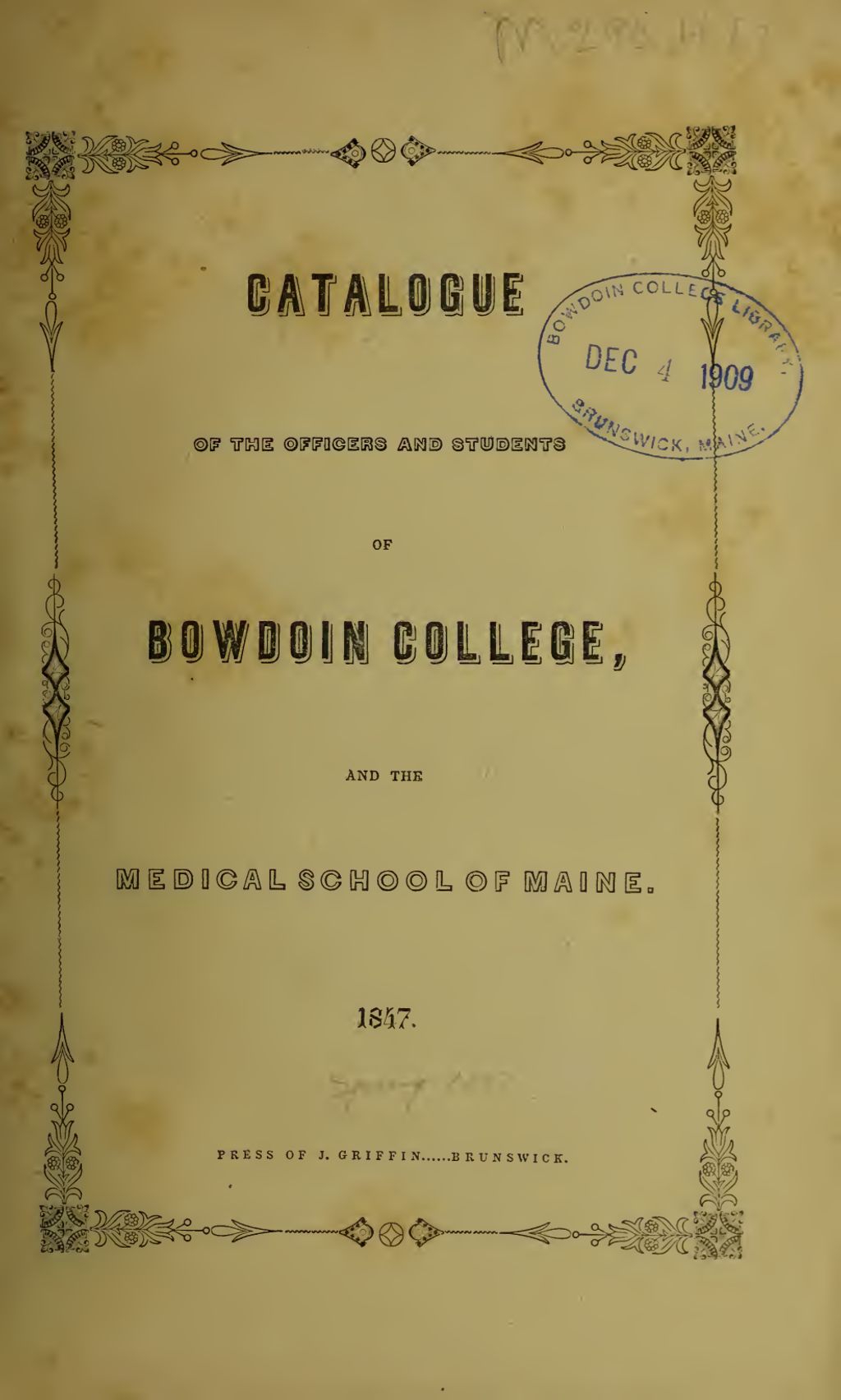 Miniature of Bowdoin College Catalogue (1847 Spring)