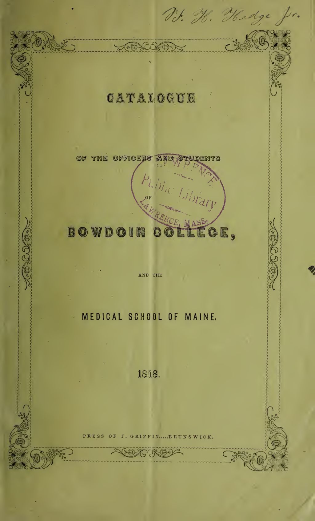 Miniature of Bowdoin College Catalogue (1848)