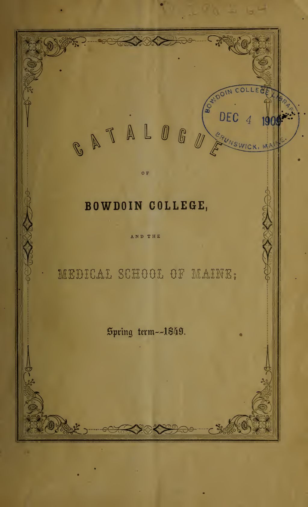 Miniature of Bowdoin College Catalogue (1849 Spring Term)