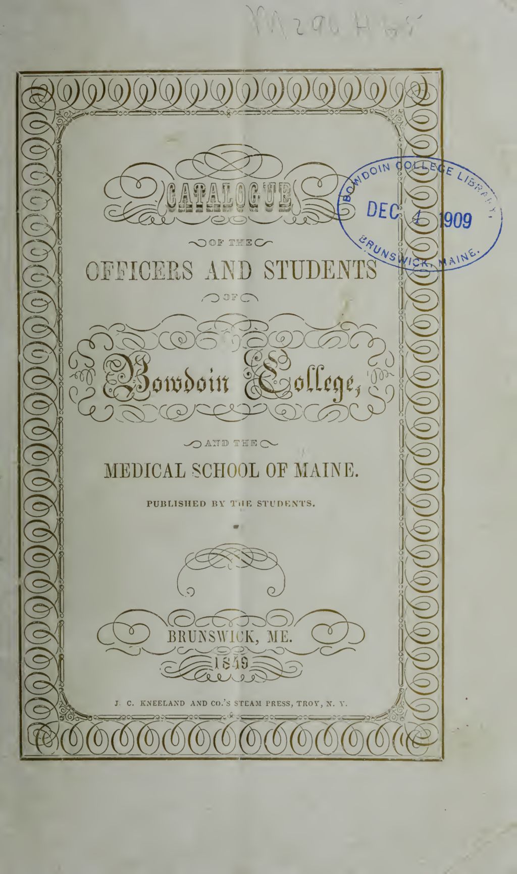 Miniature of Bowdoin College Catalogue (1849 "Published by the Students")