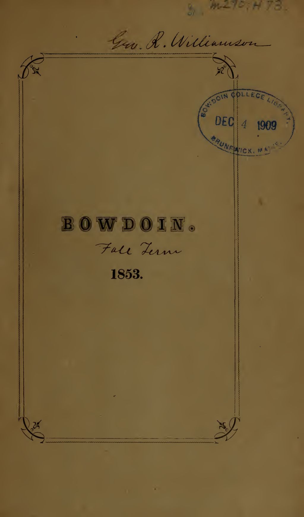 Miniature of Bowdoin College Catalogue (1853 Fall Term)