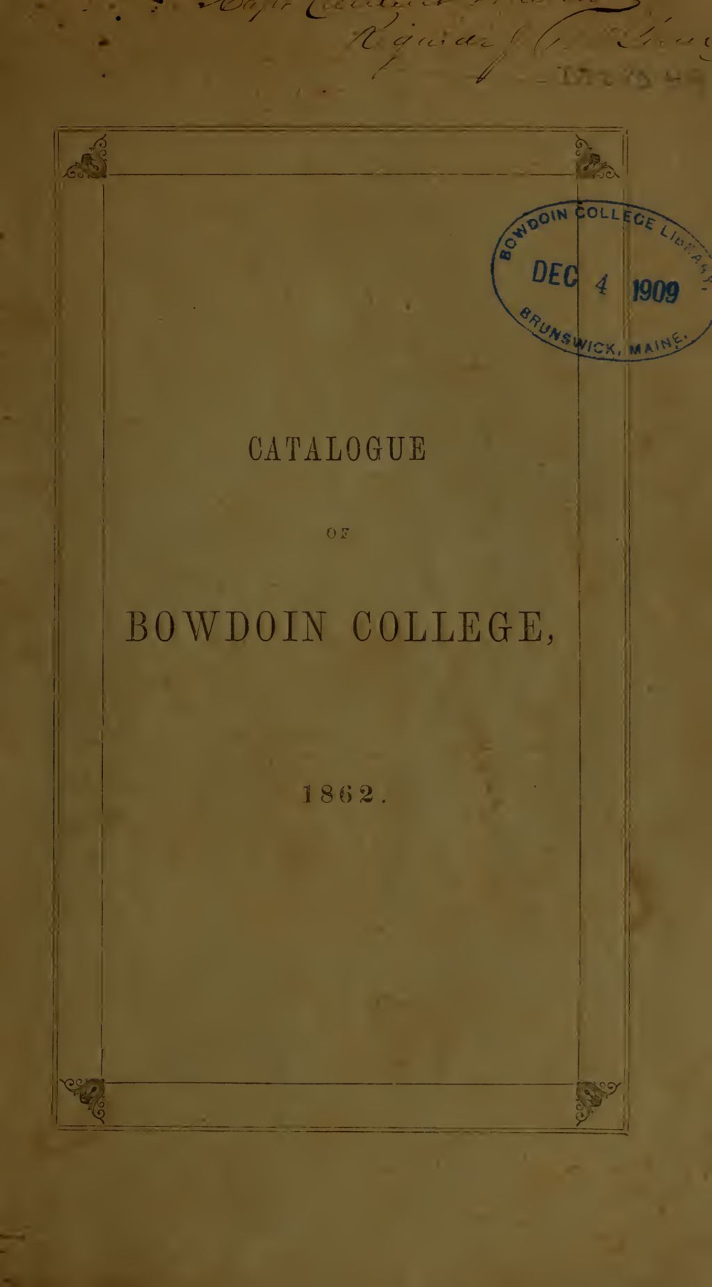 Miniature of Bowdoin College Catalogue (1862 Spring Term)