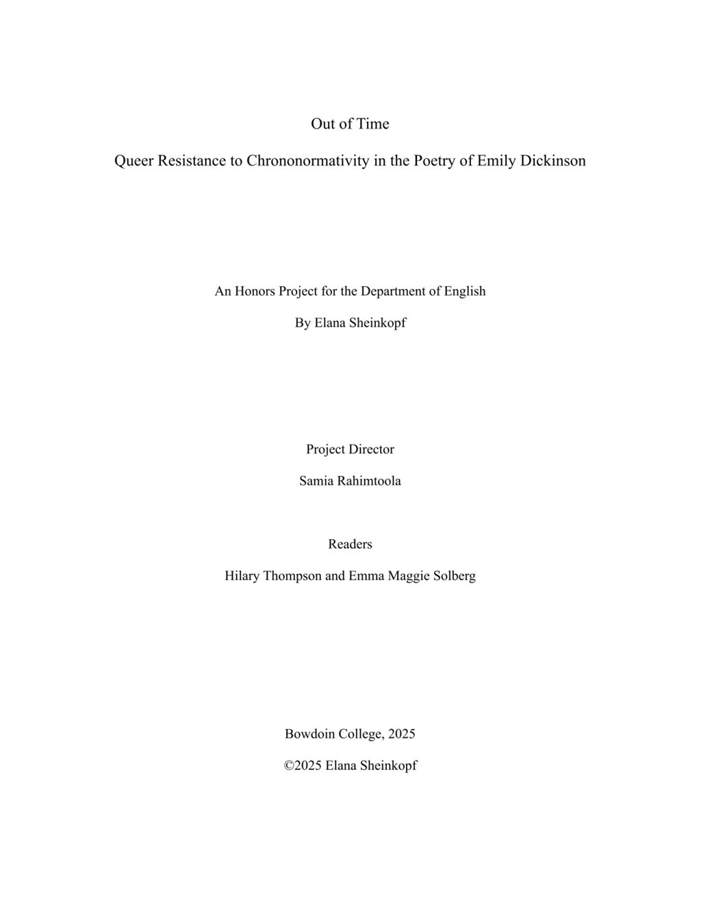 Miniature of Out of Time: Queer Resistance to Chrononormativity in the Poetry of Emily Dickinson