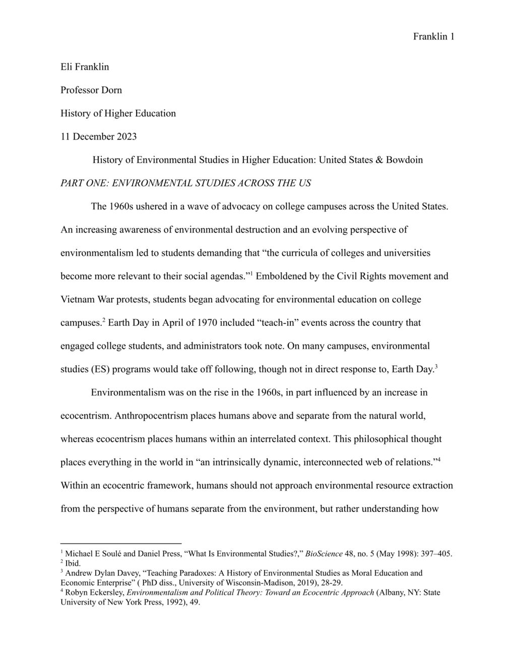 Miniature of History of Environmental Studies in Higher Education: United States & Bowdoin, by Eli Franklin