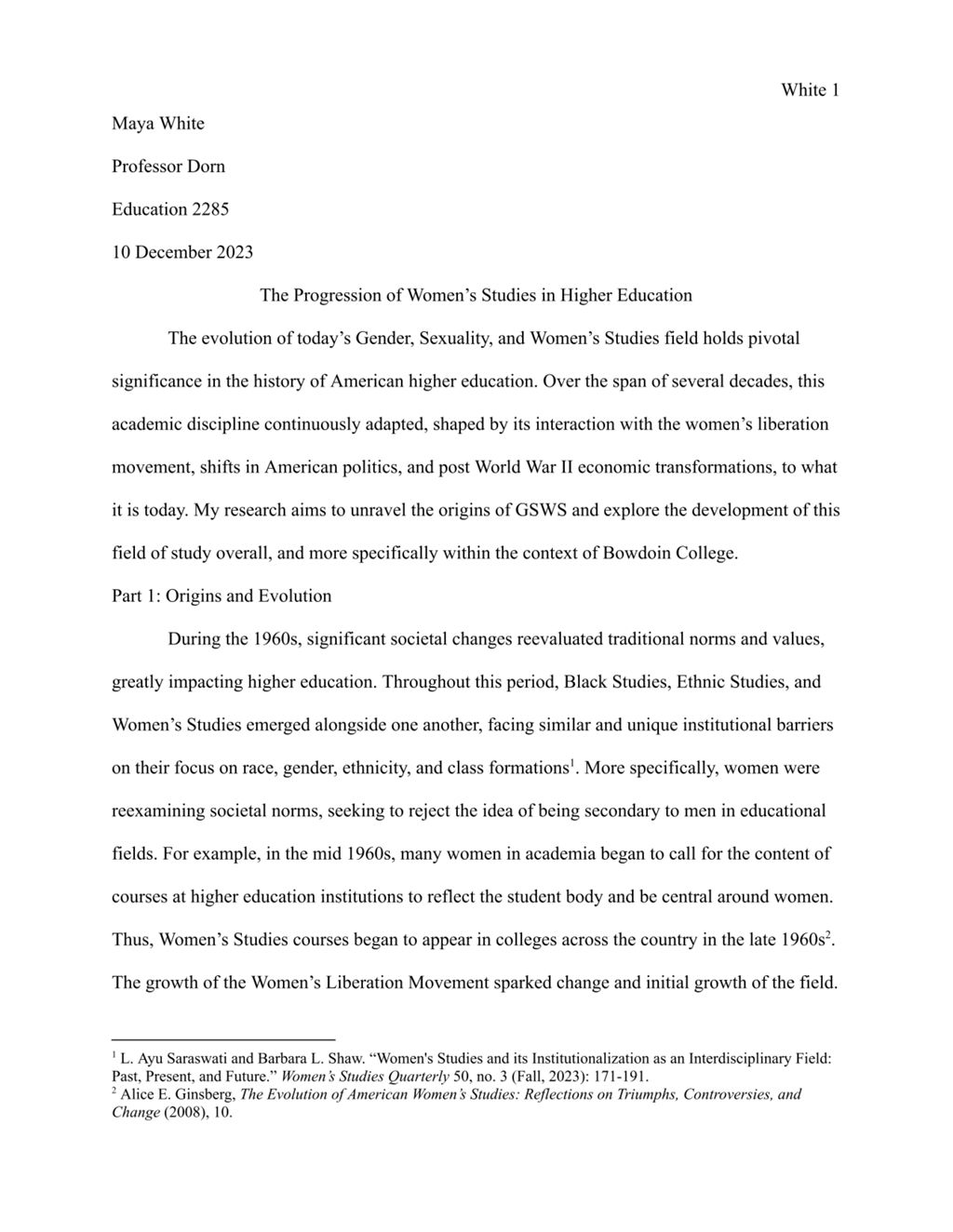 Miniature of The Progression of Women’s Studies in Higher Education, by Maya White
